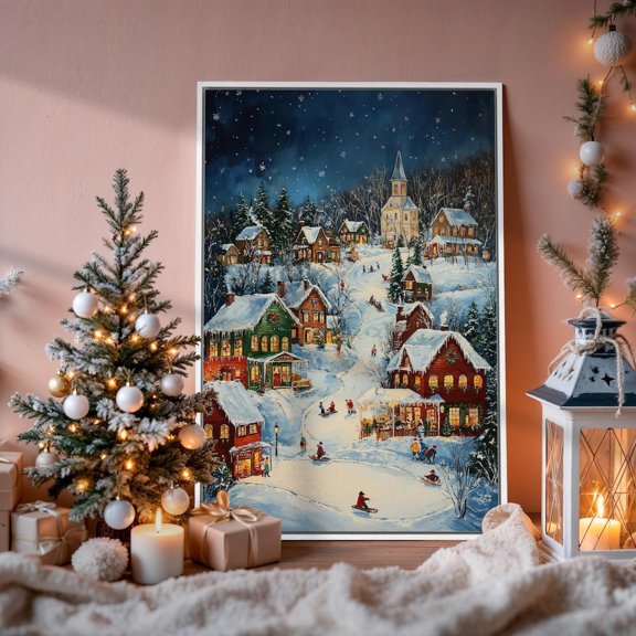 Magic Winter Village Poster Festive Atmosphere Wall Artseason Poster Rustic Charm Decor Ready To Hang, Unframed Poster Size 8x12