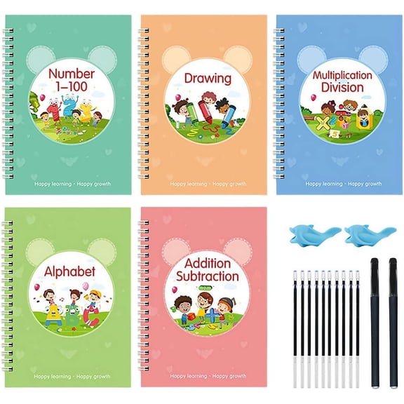 Magic Workbooks,Your Little Explorer Magic Grooved Books,Reusable Magics Grooved Writing Practice,4PCS Handwriting Practice Copybook W/10 Replacement Refills+1 Pen+1 PencilGrip