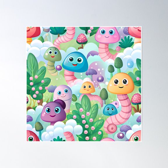 Magic Worms Walking Through The Enchanted Forest - Seamless Pattern #7 Poster Wall Art, Modern Wall Decor, 16x16 UNFRAMED