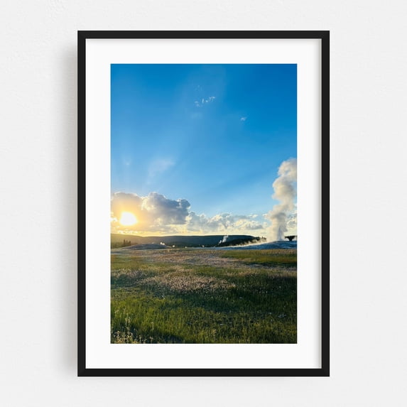 The Magic of Yellowstone: Old Faithful at Golden Hour - Photography Landscape Nature Sunset Scenic Wilderness Pastoral Black Framed Wall Art Print 5 x 7 inches