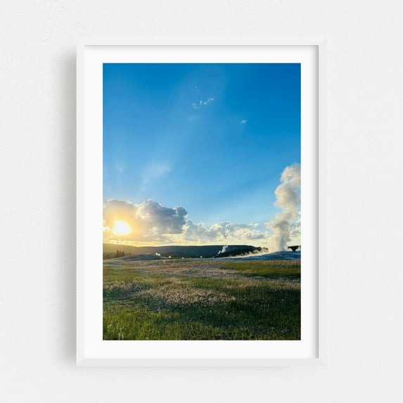 The Magic of Yellowstone: Old Faithful at Golden Hour - Photography Landscape Nature Sunset Scenic Wilderness Pastoral White Framed Wall Art Print 5 x 7 inches