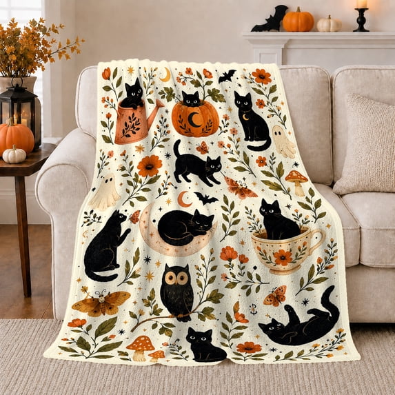 Magic autumn celebration Black Cat Illustration Scene, Warm Flannel Blanket for Living Room and Reading Nook, Festive autumn celebration Scene, Animal Lovers autumn celebration Gift
