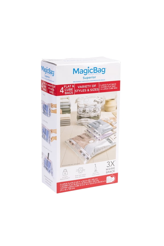 Variety Pack Vacuum Storage Bags, 4 Pack Flat & Cube Compression Bags for Clothing & Bedding, Space Saving & Airtight