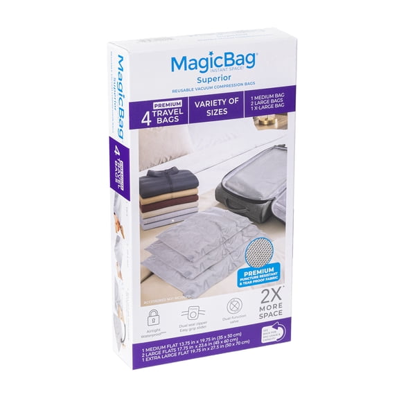 MagicBag Travel Compression Bags, 4 Pack Variety Flat Bags for Luggage & Packing, Space Saving & Airtight