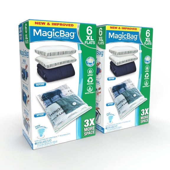 MagicBag By Smart Design Vacuum Storage Bags, Extra-Large Flat Double Zipper Airtight Seal, 12 Pack