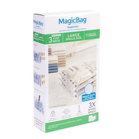 MagicBag Large Heavy Duty Vacuum Storage Bags, 3 Pack Flat Compression Bags for Clothing, Space Saving & Airtight