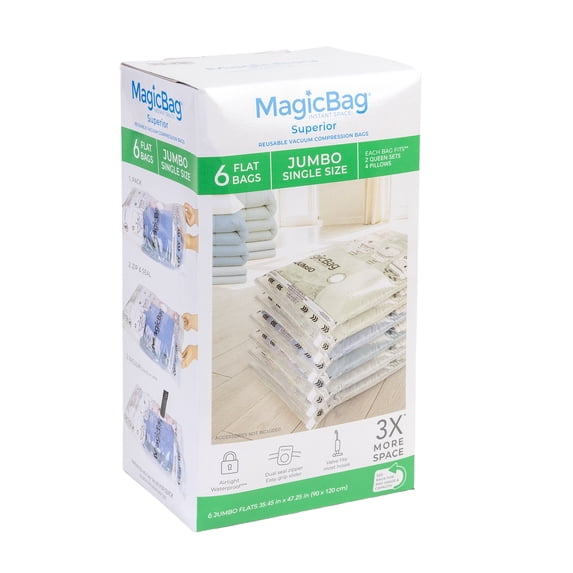 MagicBag Jumbo Vacuum Storage Bags, 6 Pack Flat Compression Bags for Bedding, Space Saving & Airtight