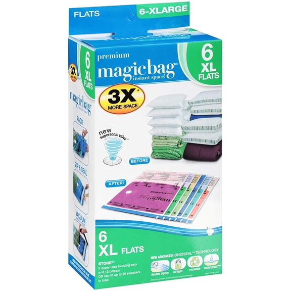 MagicBag Smart Design Instant Space Saver Storage - Flat Extra Large - Set of 12 Bags Total - Airtight Double Zipper - Vacuum Seal - Clothing, Pillows - Home Organization