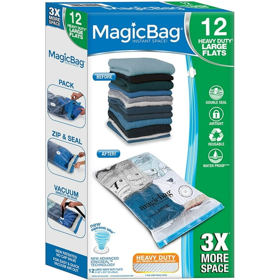 MagicBag Smart Design Instant Space Saver Storage - Flat Heavy Duty Large - 12 Bags Total - Airtight Double Zipper - Vacuum Seal - Clothing, Pillows - Home Organization
