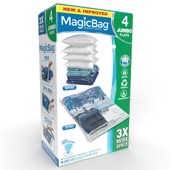 MagicBag Vacuum Sealed Closet Organizers, Clear, Set of 4, Flat Jumbo