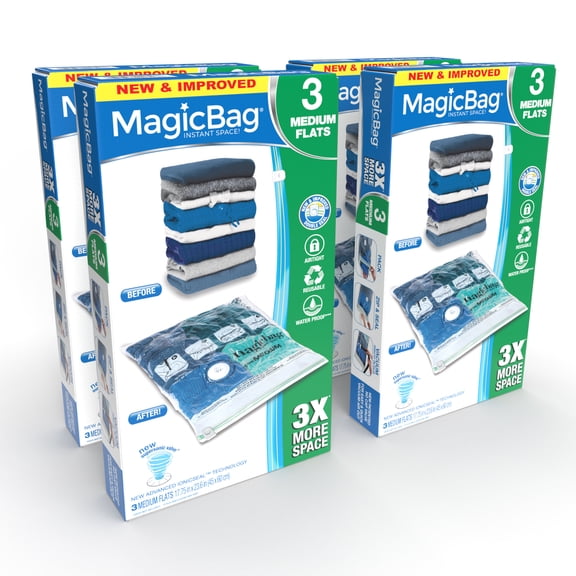 MagicBag Smart Design Instant Space Saver Storage - Flat Medium - Set of 12 Bags Total - Airtight Double Zipper - Vacuum Seal - Clothing, Pillows - Home Organization