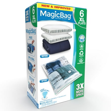MagicBag Flat Extra-Large Vacuum Storage Bags, Double Zipper, Airtight Seal, 6-Pack