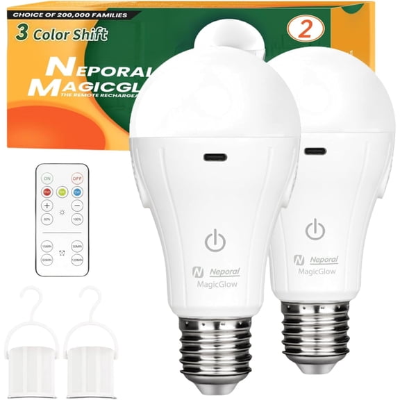 MagicGlow Rechargeable Light Bulbs with Remote, 3 Colors Shift + Dimmable Battery Powered Light Bulbs, USB Rechargeable, A19 Standard Emergency LED Light Bulbs, 15W, Up to 24 Hours, 2 Pack