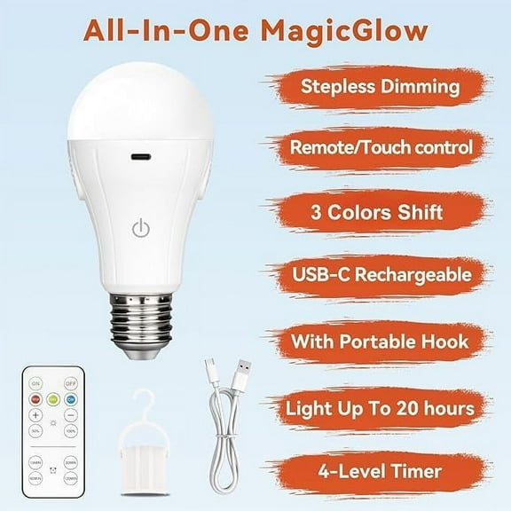 MagicGlow Rechargeable Light Bulbs with Remote, 3 Colors Shift + Dimmable Battery Powered Light Bulbs, USB Rechargeable, A19 Standard Emergency LED Light Bulbs, 15W, Up to 24 Hours, 2 Pack