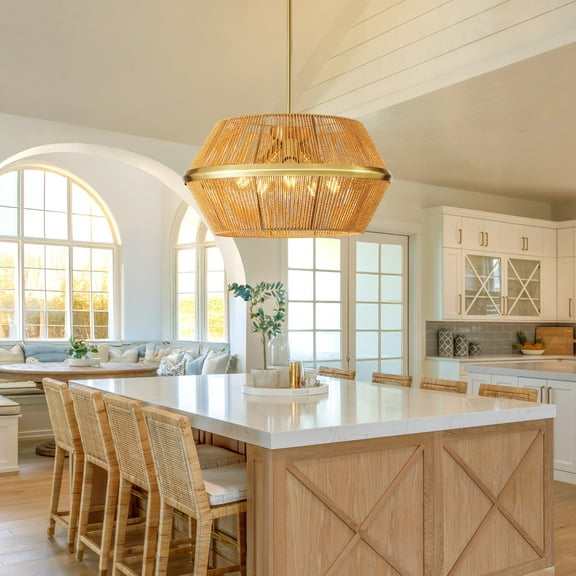 MagicHome 18.89" Ratten Chandelier 5 Lights Large Gold Chandelier Woven Pendant Light Boho Hanging Lamp for Living Dining Room Kitchen Island Entryway Foyer, E26, Adjustable Height