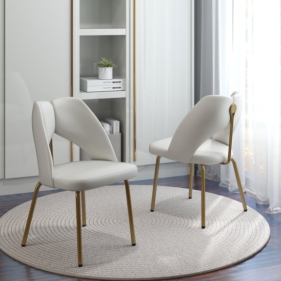bokifol White Leather Dining Chairs Set of 2 Modern Gold Dining Room Chairs with Hollow Back