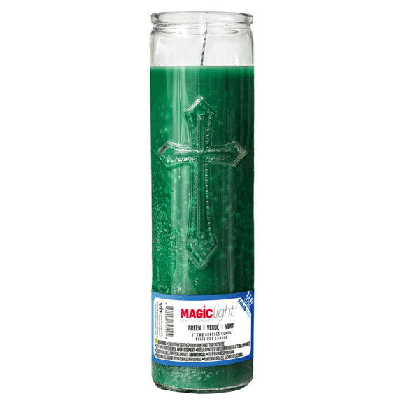 MagicLight Religious Candles 9.6 oz - Glass Jar, Unscented, Two Cross Green