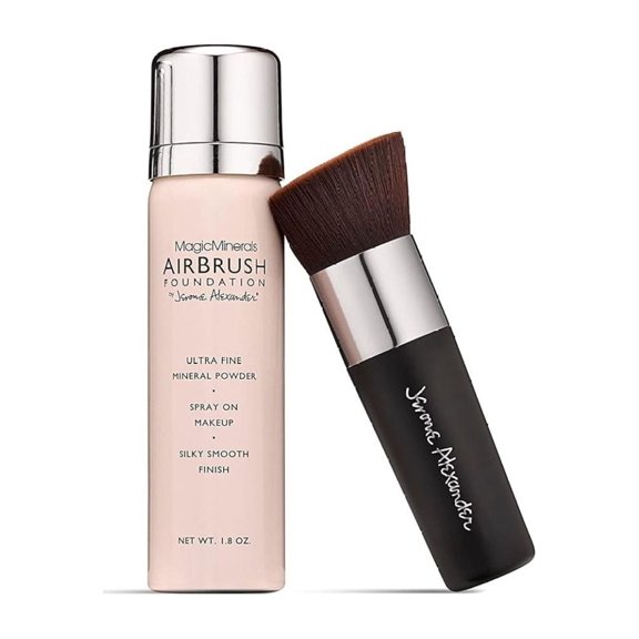 MagicMinerals AirBrush Foundation by saney – 2pc Set with Airbrush Foundation and Kabuki Brush - Spray Makeup with Anti-aging Ingredients for Smooth Radiant Skin (Warm Medium)