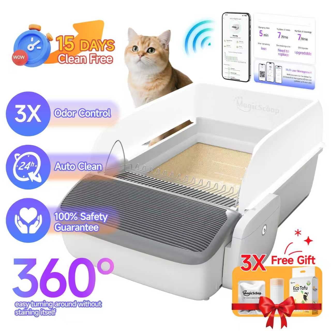 MagicScoop M1 Performance Self-Cleaning Cat Litter Box with Removable Inner Bin, Easy to Clean & Empty Litter, Smart App Control, Odor Control, Open Top, Large Capacity for Multiple Cats