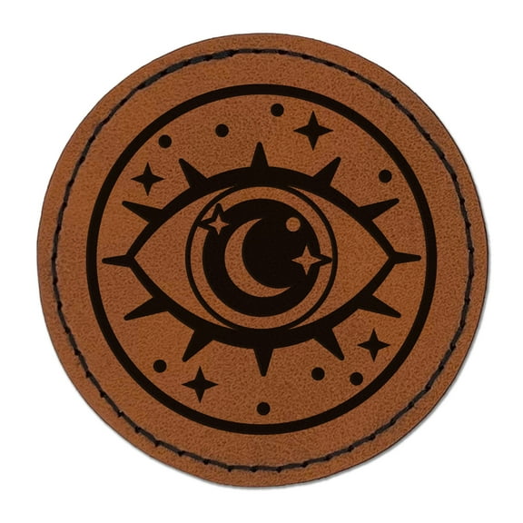 Magical All Seeing Eye 2.5" Faux Leather Round Engraved Iron-On Patch - Brown