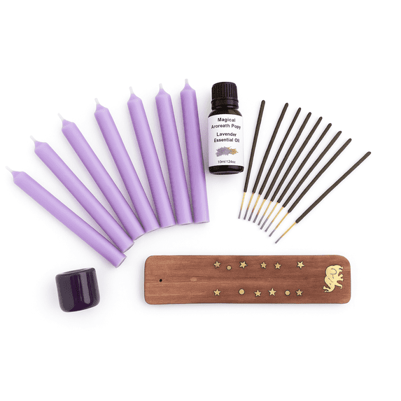 Magical Aromatherapy Lavender Gift Set – 7 Mini Candles, Ceramic Holder, 10 Incense Sticks with Wooden Burner (Elephant Inlay) & Lavender Oil – Relaxation Kit
