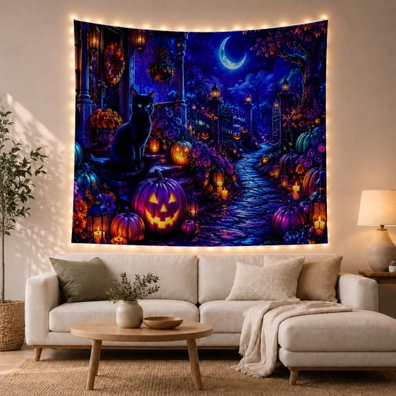 Magical Atmospheric Nighttime With Around House Entrance Winding, Playful Illustration for Cat Lovers, Animal Wall Decor, Halloween Gift, Tapestry Wall Hanging for Bedroom and Dorm