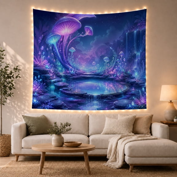 Magical Bioluminescent Forest with Glowing Mushroom Peaceful Fantasy for Nature Lovers Ethereal Wall Art Halloween Gift Tapestry Wall Hanging for Bedroom and Living Room