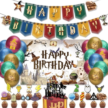 Magical Birthday Party Decorations, Party Favors Supplies, Magical Merch Include 16 Balloons,1 Banner, 16 Cake Topper ,1 Big Party backdrop, 2 Ribbon(36Pcs)