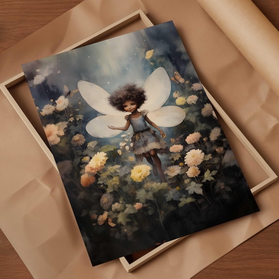 Magical Black Fairy Girl Wall Art, Afro Fairy With Wings, Whimsical Flower Meadow Print, Fantasy Nursery Decor, Girl'S Bedroom Decor Home Decor #896, Unframed Poster Size 8x12
