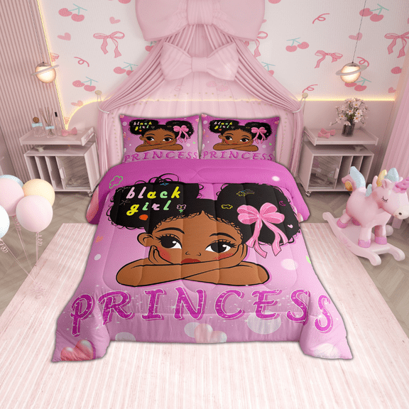 Magical Black Comforter Set Twin Little Princess Twin Bedding, Pink Love Hearts Bedding Comforter Sets Afro Theme Duvet, Cute Kawaii American Quilted Comforter 2pcs