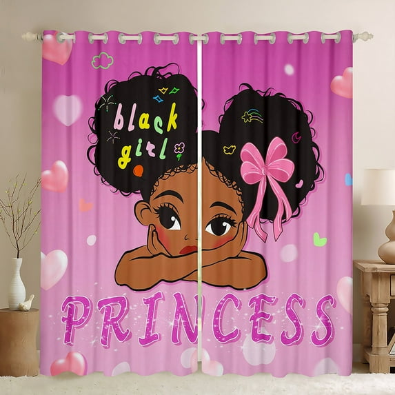 Magical Black Curtains & Drapes Little Princess Blackout Curtains, Pink Love Hearts Curtains Afro Theme Black Out Curtains, Cute Kawaii American Window Drapes