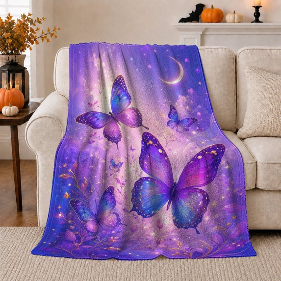 Magical Butterflies Golden Moon Glowing, Mystical Celestial Art Scene, Warm Flannel Blanket for Home Library and Reading Nook, Celestial Art Lovers Valentine's Day Gift, Fantasy Home Decor