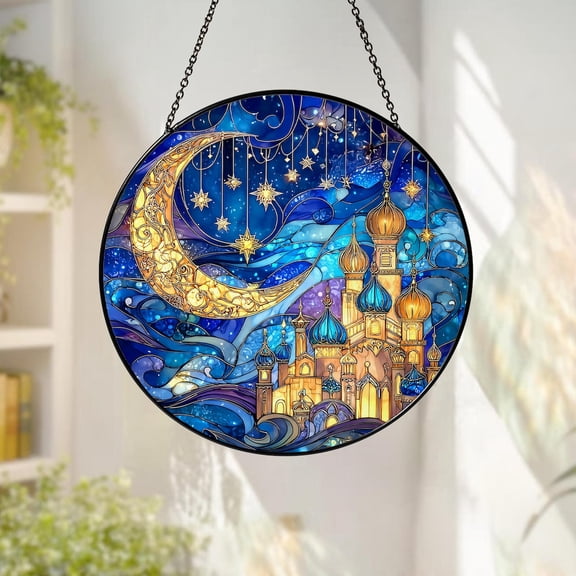 Magical Castle Glass Suncatcher, Starry Night Castle Window Hanging, Fantasy Moonlight Home Decor, Castle Art Glass, Fantasy Window Decor, Suncatcher Window Hanging, 6.3 in
