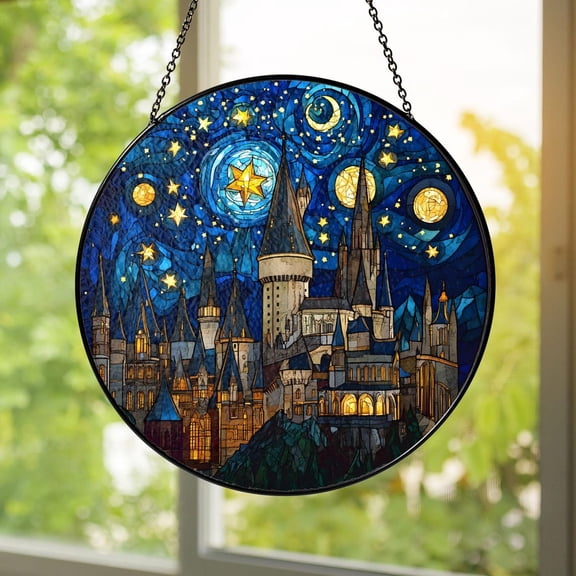 Magical Castle Glass Suncatcher, Starry Night Fantasy Window Hanging, Wizard School Panel, Gothic Fairytale, 3.5 in