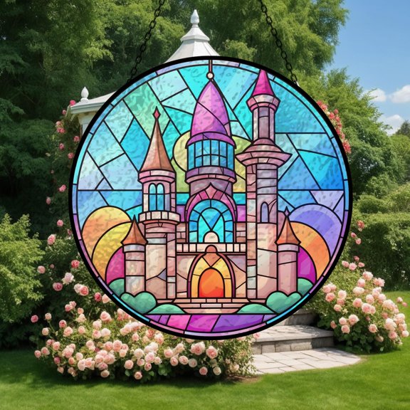 Magical Castle Stained Glass Suncatcher, Fairy Tale Window Garden Decoration, Princess Themed Keepsake, Colorful Fantasy Castle Suncatcher