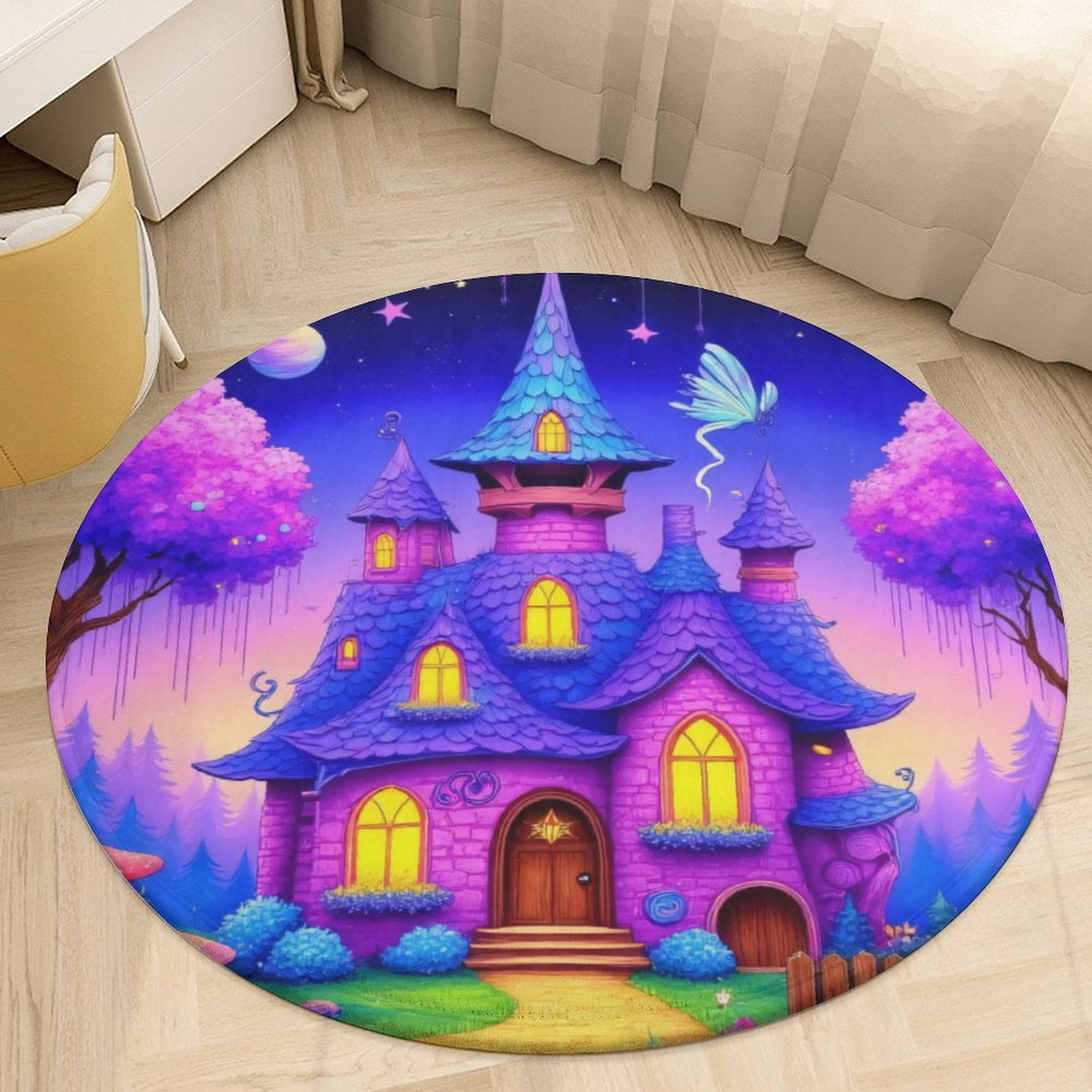 Castle Round Rug Magical Castle in Enchanted Forest Round Area Rugs for Bedroom Living ...