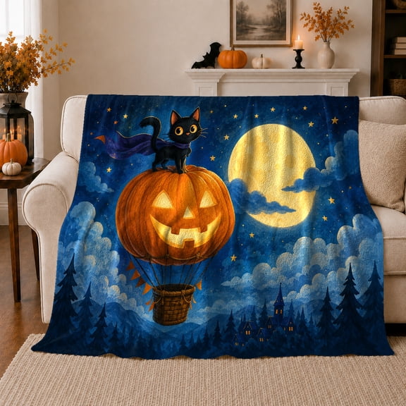 Magical Cat Jack-O'-Lantern Balloon autumn celebration, Playful Pet Portrait Pattern, Warm Flannel Blanket for Living Room and Bedroom, Cat Lovers Christmas Gift, Pet Lover Home Decor