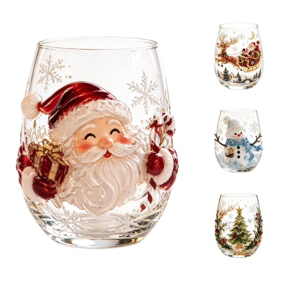 Magical Christmas 3D Glass Cup 14oz Stemless Tumbler | With Christmas Santa Hand Holiday Ornament Glassware Festive For Kitchen Party