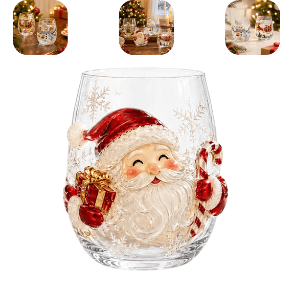 Magical Christmas 3D Glass Cup Collection, 14oz Stemless Tumbler With Christmas Santa, Hand Painted Holiday Ornament Glassware, Festive Gift for Kitchen Party Table Decor 1Pc A