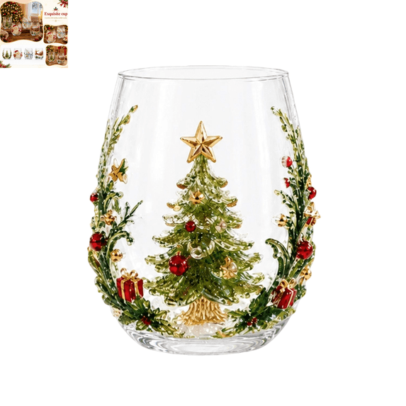 Magical Christmas 3D Glass Cup Collection, Embossed Stemless Wine Tumbler, Santa Snowman Christmas Tree Reindeer Pattern Clear Drinking Glass for Christmas Party Home Table Decor & Holiday Gift D
