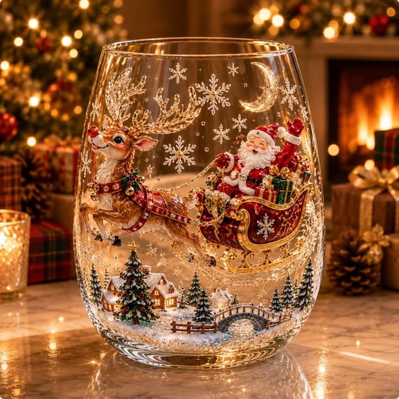 Magical Christmas 3D Glass Cup Jolly Santa Snowflake Design Stemless Holiday Drinkware for Hot Cocoa Cocktails Home Decor