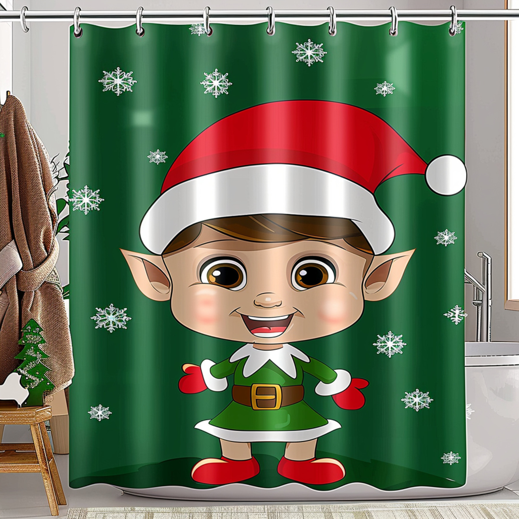 Magical Christmas Elf Shower Curtain Vibrant Cute BabyFaced Elf in