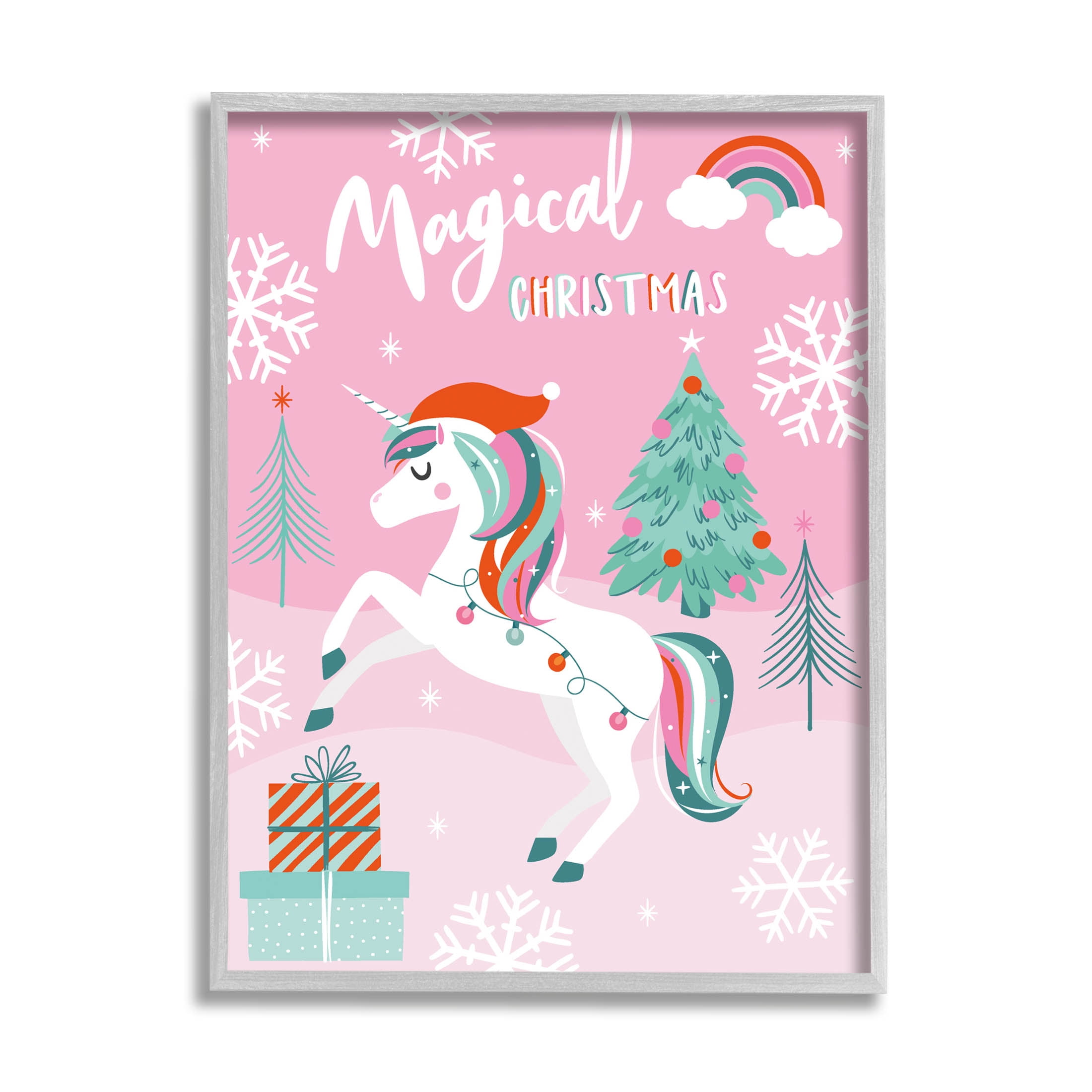 Magical Christmas Pink Unicorn Holiday Graphic Art Gray Framed Art Print Wall Art