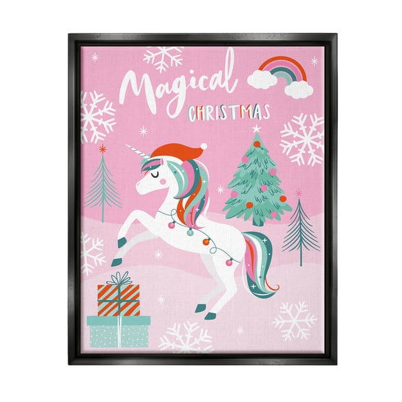 Magical Christmas Pink Unicorn Holiday Graphic Art Jet Black Framed Art Print Wall Art