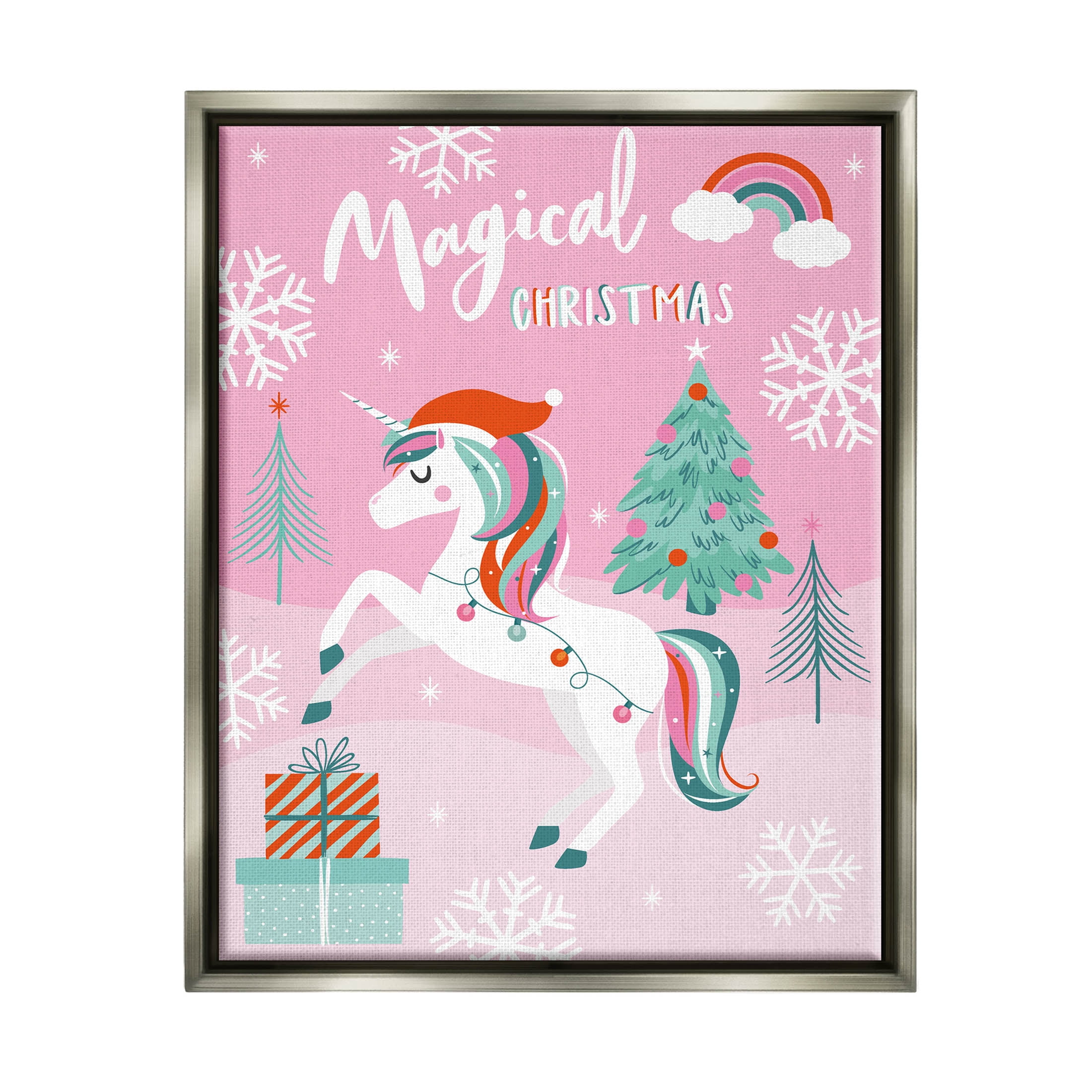 Magical Christmas Pink Unicorn Holiday Graphic Art Luster Gray Framed Art Print Wall Art