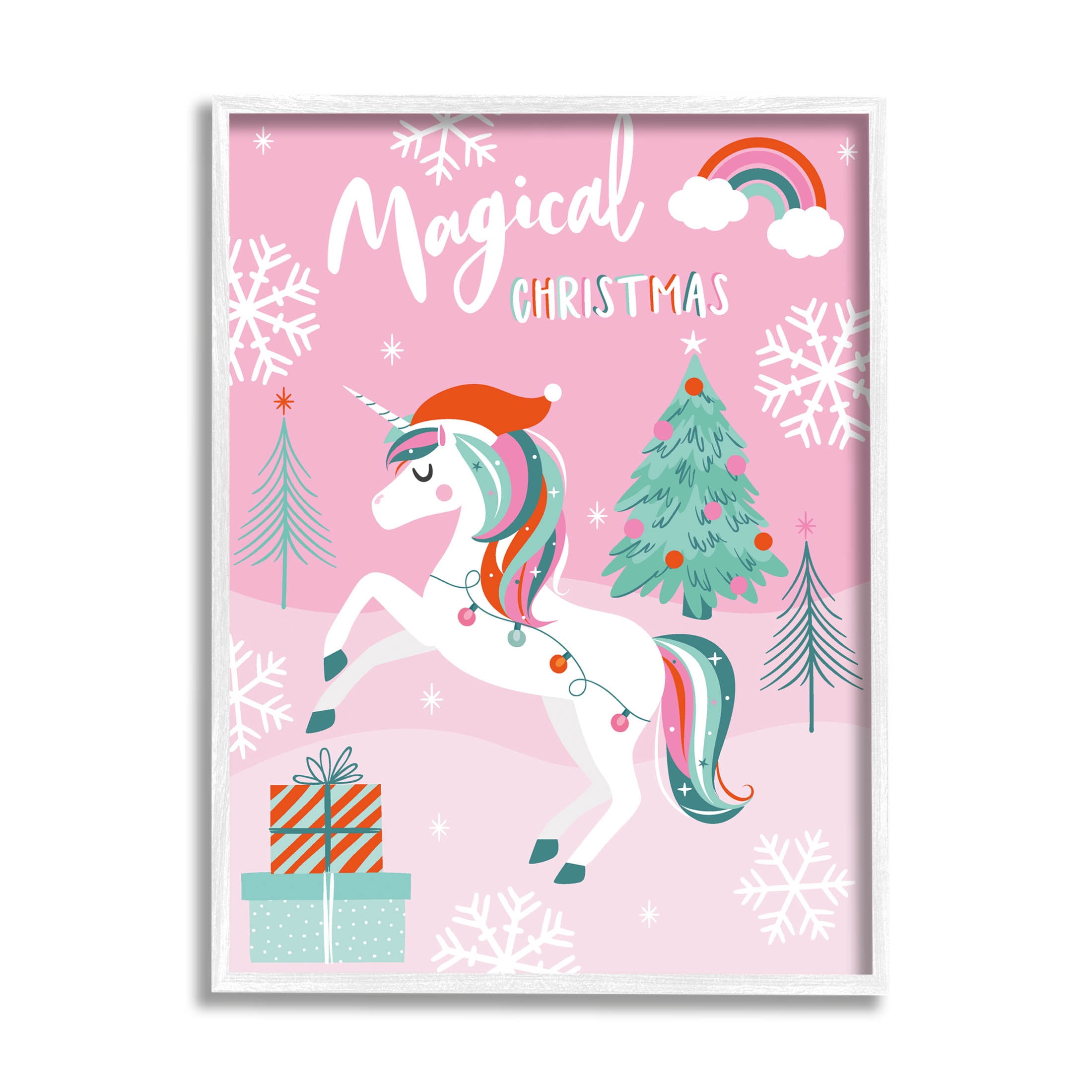 Magical Christmas Pink Unicorn Holiday Graphic Art White Framed Art Print Wall Art
