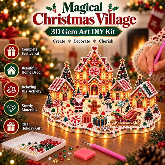 Magical Christmas Village 3D Gem Art DIY Kit, Diamond Pearl Craft Set, Holiday Tabletop Display for Home Decor, Gift to Family and Friends
