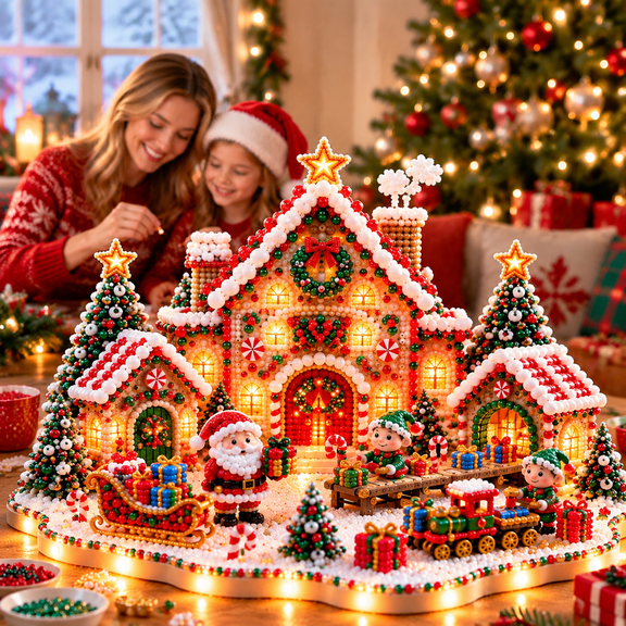 Magical Christmas Village 3D Gem Art DIY Kit, Pearl & Rhinestone Diamond Painting Craft, Festive Tabletop Christmas Decor with Miniature Houses
