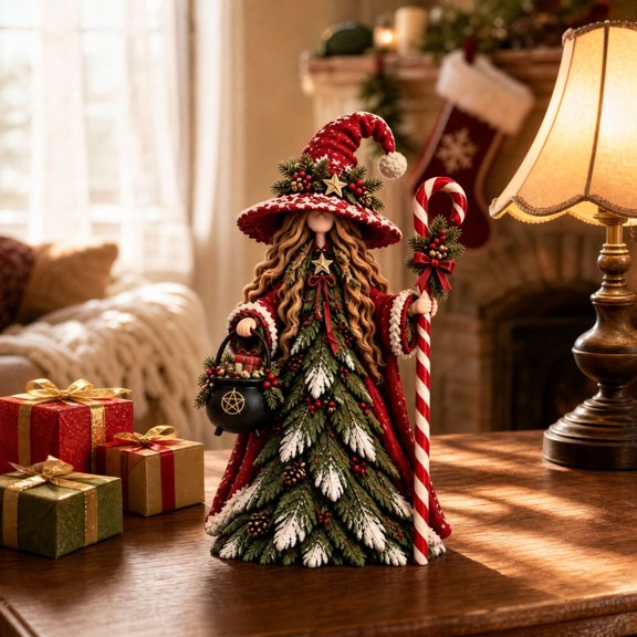 Magical Christmas Witch Figurine, Christmas Witch Collectible Figurine with Holiday Ornament Details, Snow Dusted Texture, Indoor Tabletop Festive Decoration & Housewarming Gift (1PC)