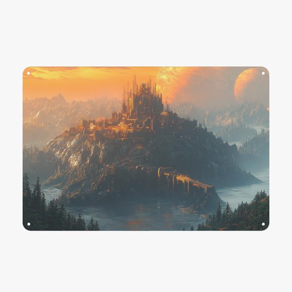 Magical City Metal Tin Sign Gothic Towers Orange Sunset Mountains Cliffs Wall Art Fantasy Aluminum Poster for Sci Fi Home Decor 8x12 Inch